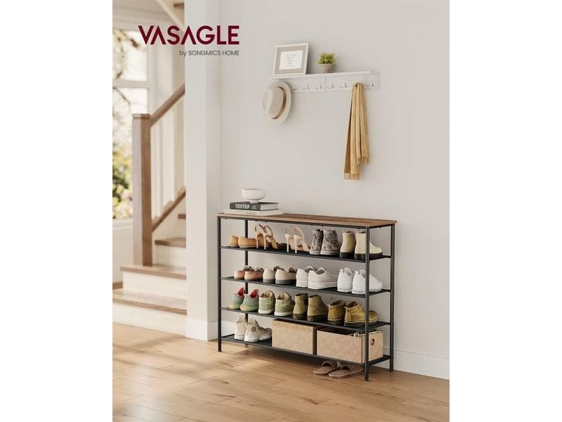 VASAGLE Schuhgestell 29 x 120 cm, Braun/Schwarz Schuhregal mit 4 Ablagen aus Polyestergewebe
