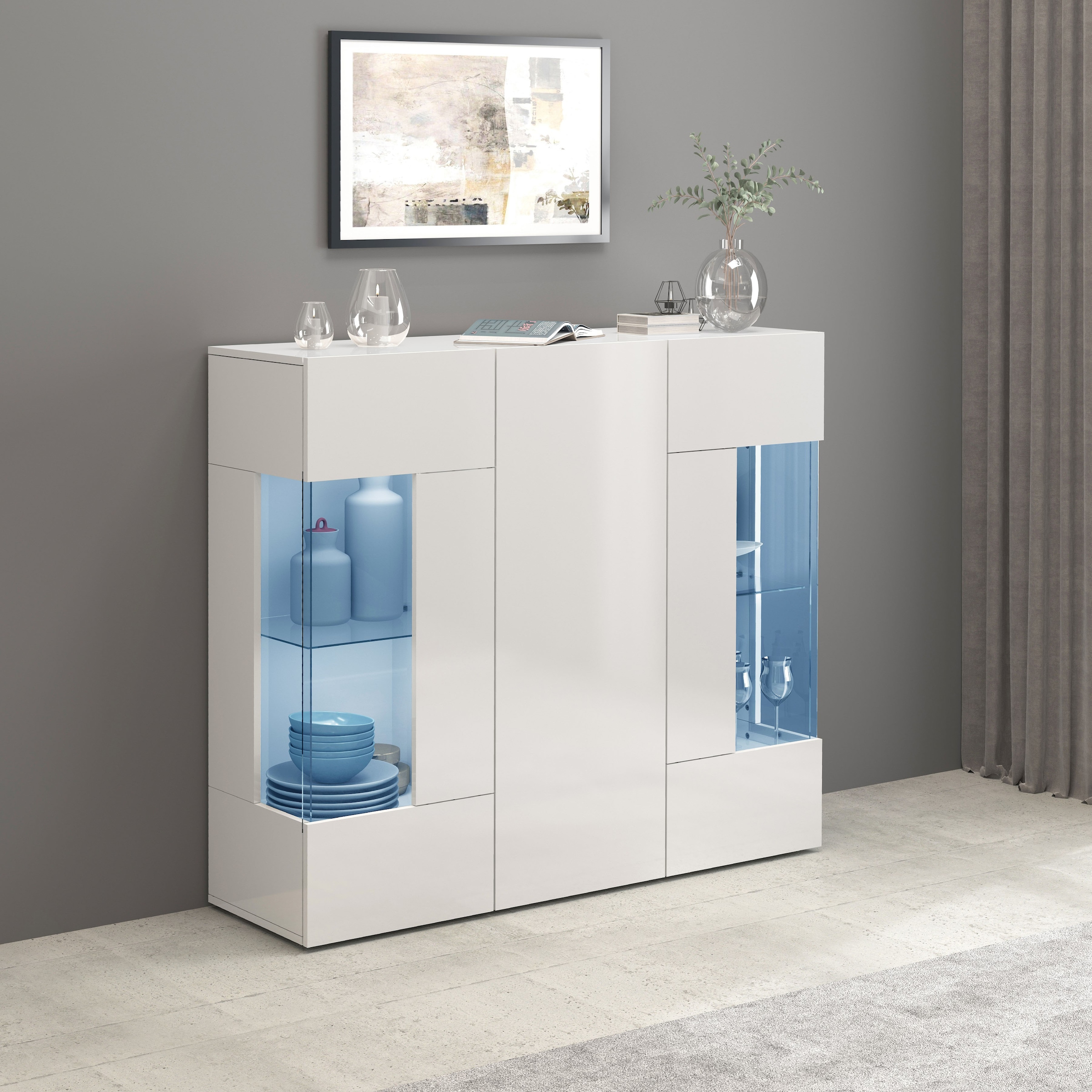 INOSIGN Highboard »Egypt, Highboard, Hochschrank, Hochkommode, Vitrine« mit 3 Türen davon 2 mit Glaseinsatz,kompl. Hochglanz lack.,Breite 135