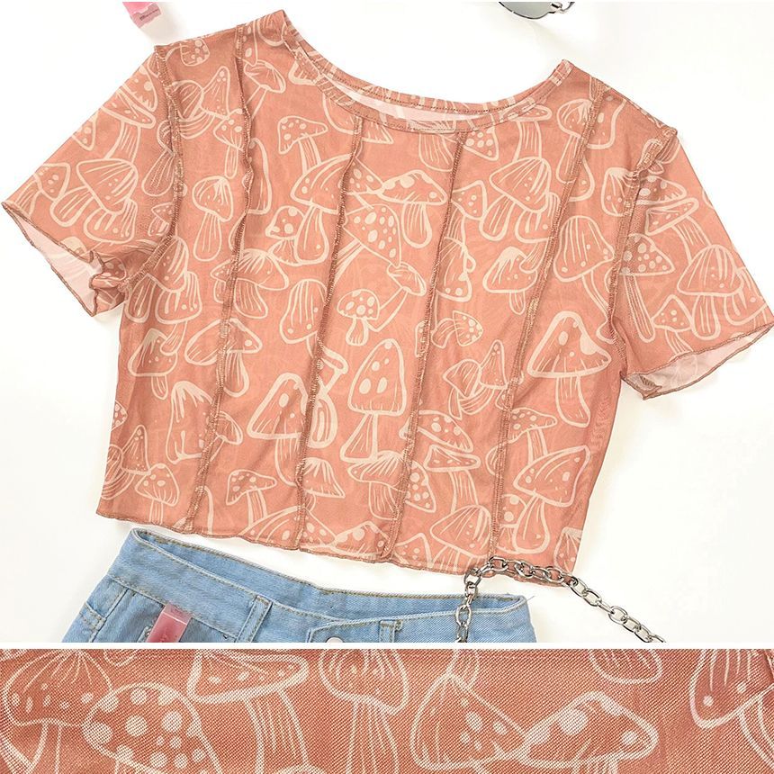 Pandaramma - Crop top met korte mouwen, mesh, ruches en paddenstoelenprint