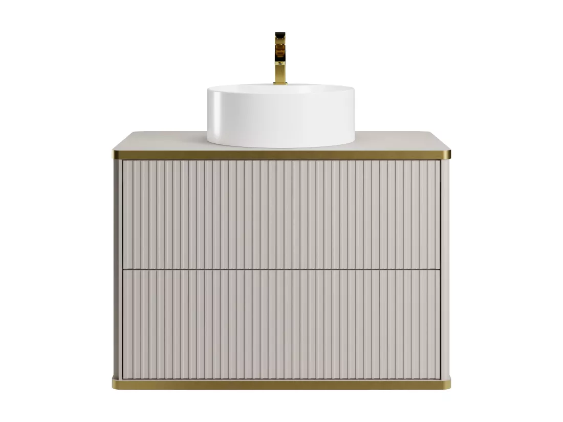 Meuble de salle de bain suspendu strié liseré doré avec vasque à poser ronde - Beige - 80 cm - KELIZA