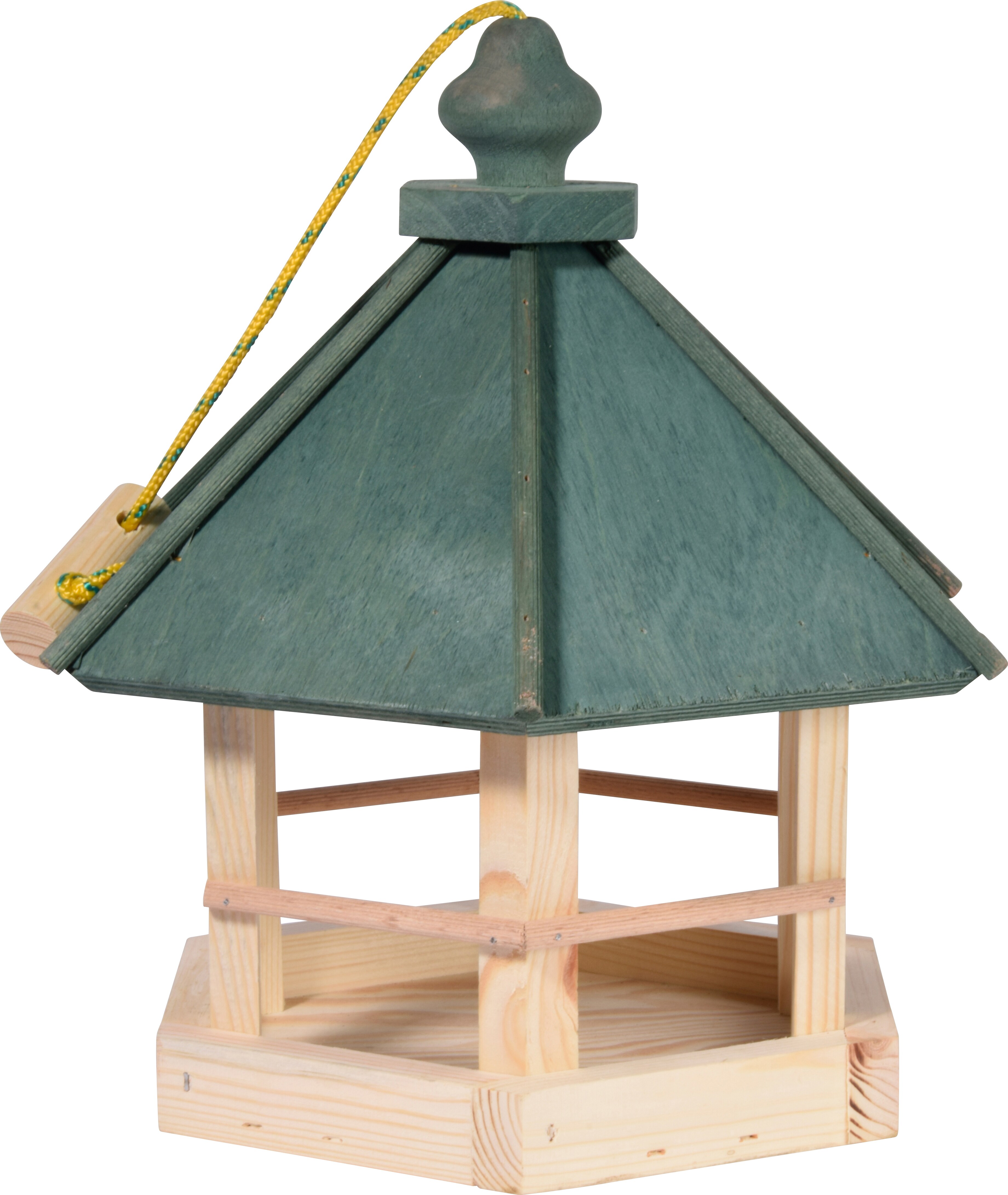 Klassisches Vogelhaus zum Aufhängen, 6-eckiges Futterhaus mit Kordel, Kiefer, Grün