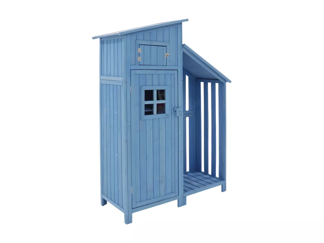 Abri de jardin en bois massif avec toit pente en PVC - 2 étagères 3 portes loquets - L124 x P46 x H174 cm - Bleu