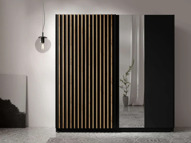 Home affaire Kleiderschrank »Kleiderschrank Camden mit Spiegel, 4 Einlegeböden und Kleiderstange« Garderobe mit 2 Schwebetüren und Lamellen, BxHxT 200,2x198,5x61,6 cm