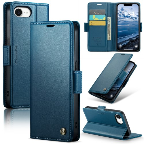 iPhone 16e Leder Tasche Flip Wallet Etui mit Kartenfächern Litchi Look (RFID Schutz) - Blaugrün