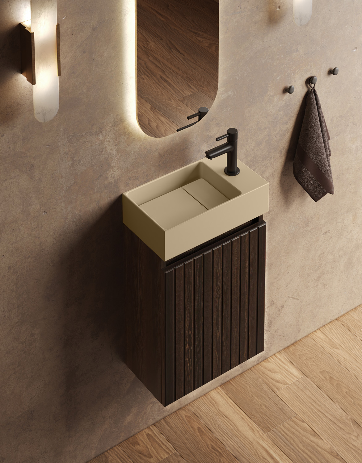 Fontana Itsie toiletmeubel kasteel bruin ribbelfront 40cm met fontein in mat licht ivoor