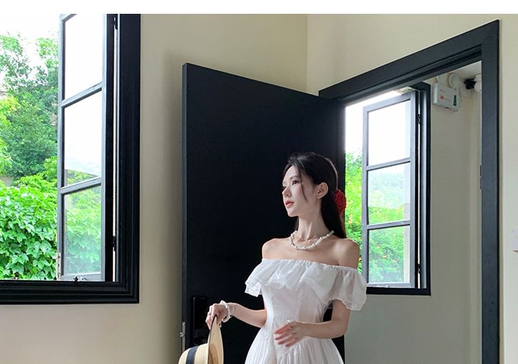 Morning Glory - A-lijn maxi-jurk met korte mouwen en off-shoulder, effen ruches en gerimpelde afwerking