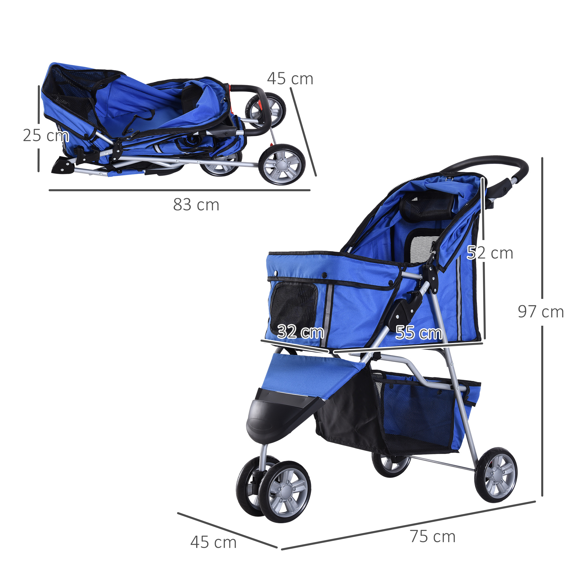 Carrinho de passeio dobrável azul PawHut para animais de estimação