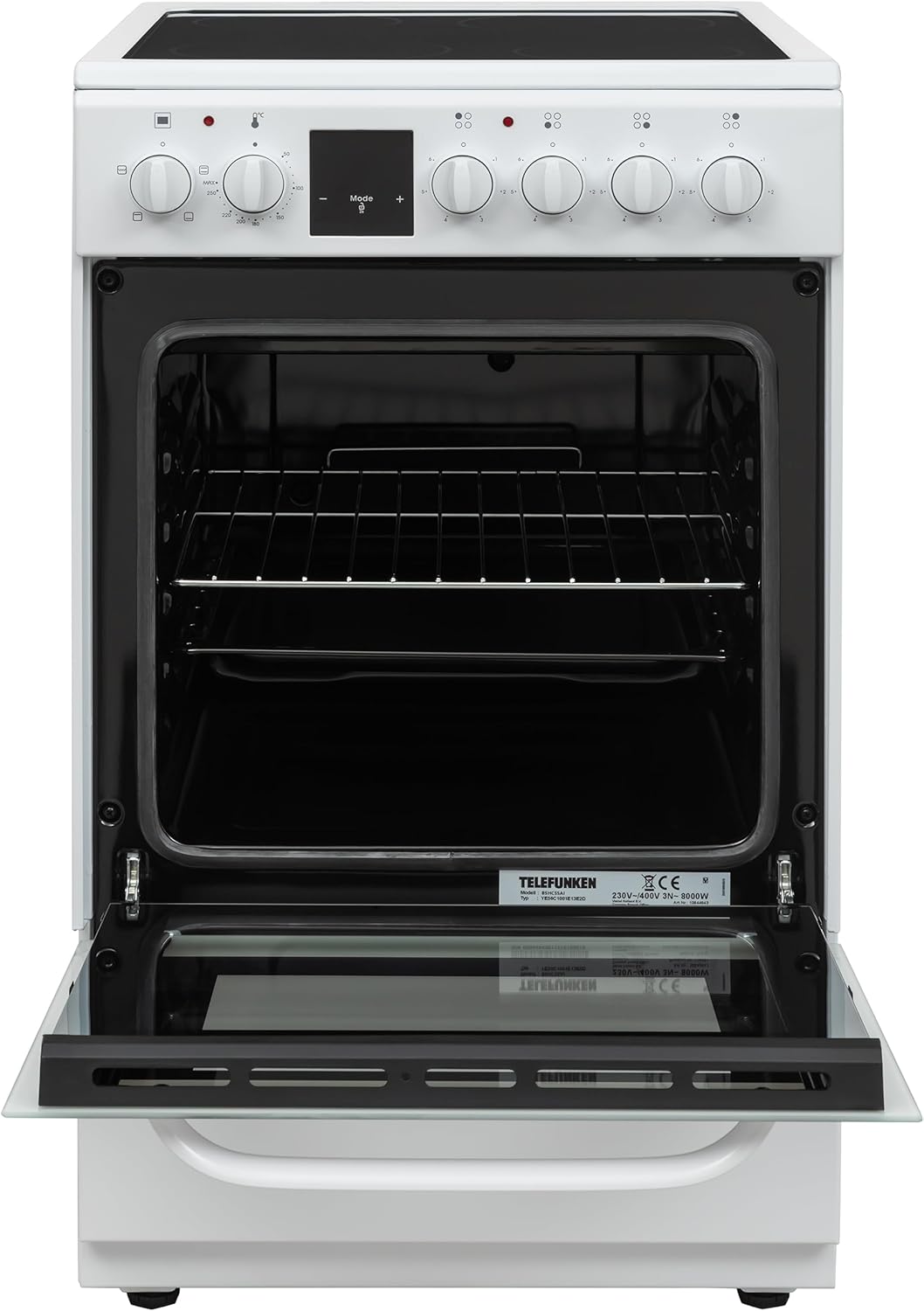 Telefunken Standherd mit Glaskeramik-Kochfeld | Elektroherd freistehend 50 cm breit | Herd mit Backofen und Kochfeld | 55 Liter | 5 Betriebsarten | 4 Kochzonen | LED-Display | EEK A | Weiß | BSHC55AI