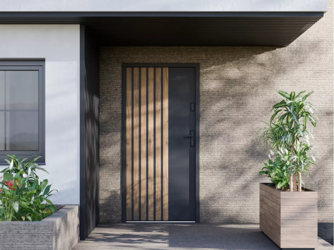 Porte d'entrée pleine en acier H207 x L100 cm - Noir avec rayures effet chêne - poussant gauche - COBRITA