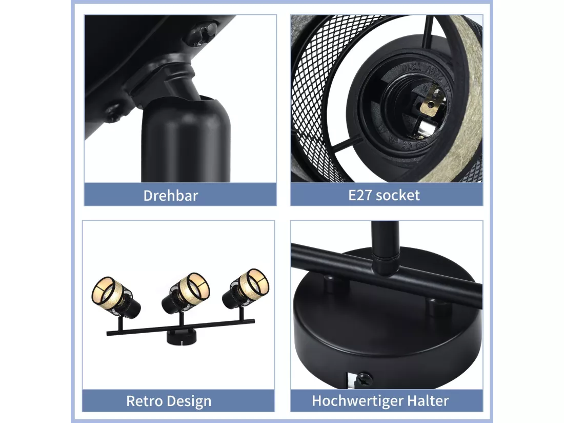 NETTLIFE Plafonnier 3 spots de E27 métal max. 25W noir - doré vintage abat-jour en tissu rotatif à 330° pour salon chambre cuisine couloir escaliers