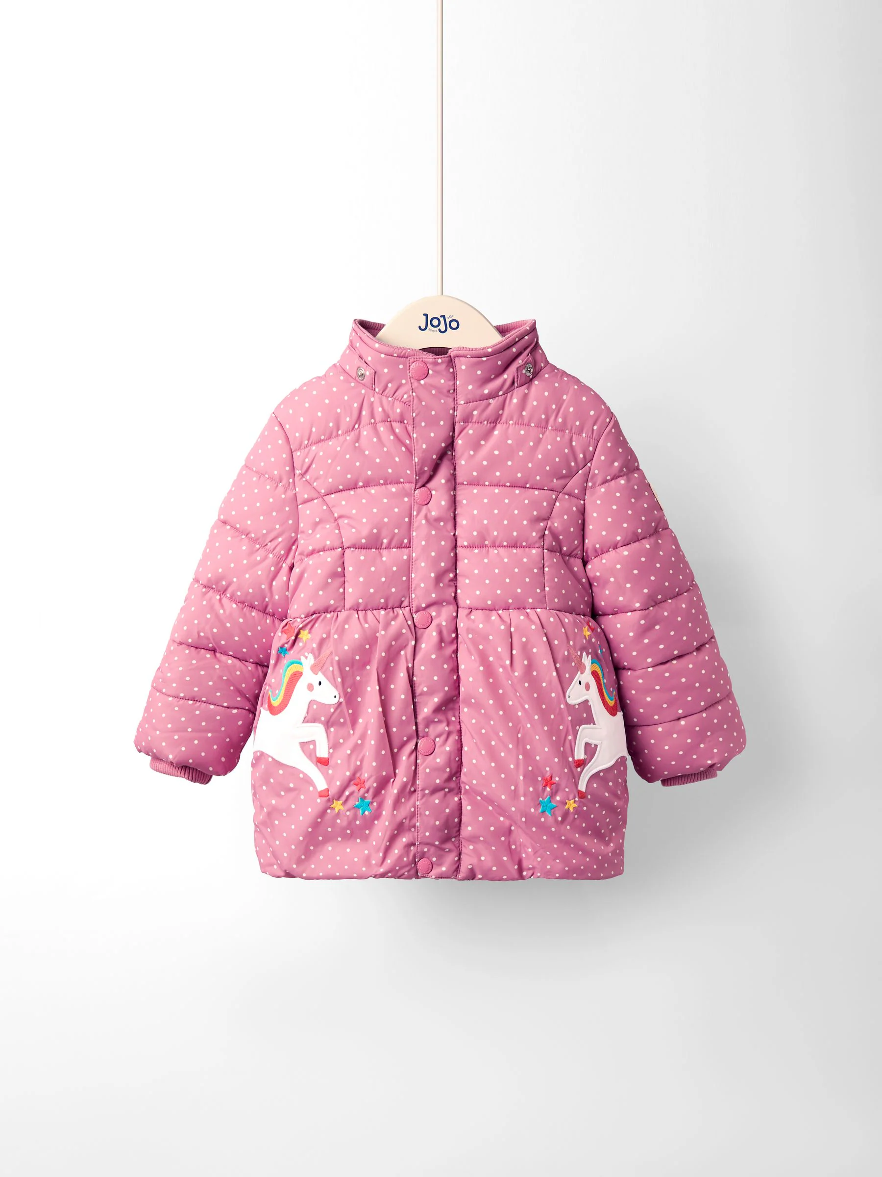 Roze met eenhoornprint - JoJo Maman Bébé gewatteerde jas met fleecevoering