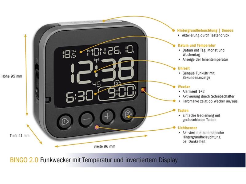 TFA Dostmann Funkwecker Bingo Schwarz Digitalwecker mit geräuschlosen Tasten