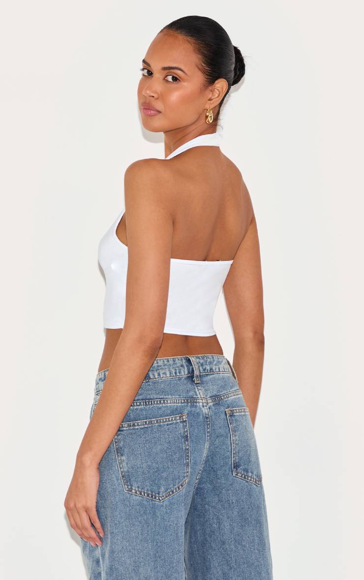 Blanc Top Basique Dos Nu Col Rond En Tissu Slinky