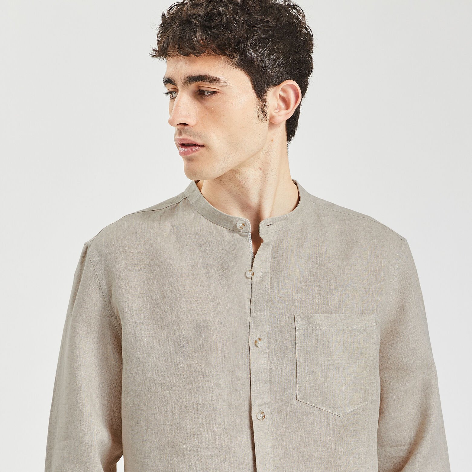 Chemise regular col mao unie lin Beige