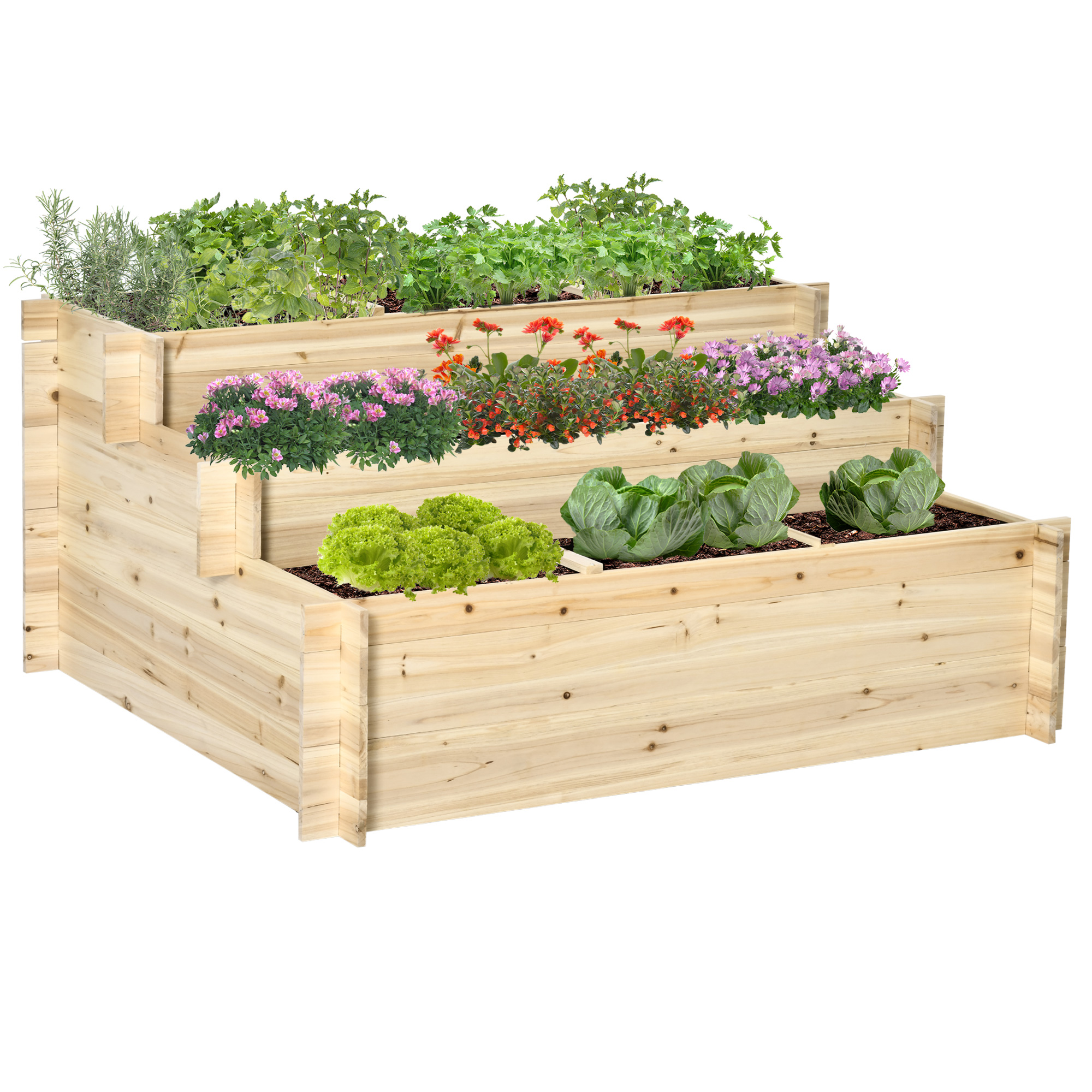 Jardineira de madeira Outsunny Urban Garden de 3 níveis com tecido geotêxtil para cultivo de plantas e flores em jardins e terraços externos, 117 x 100 x 54 cm, cor natural.