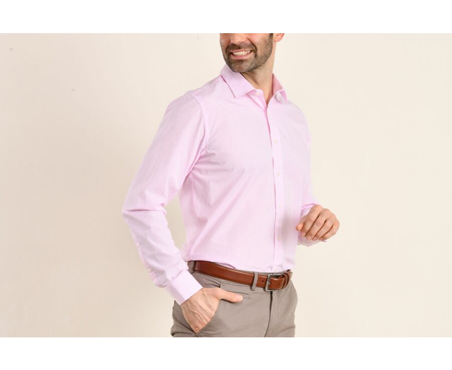 Chemise blanche à carreaux roses - Col français - ALFIERO