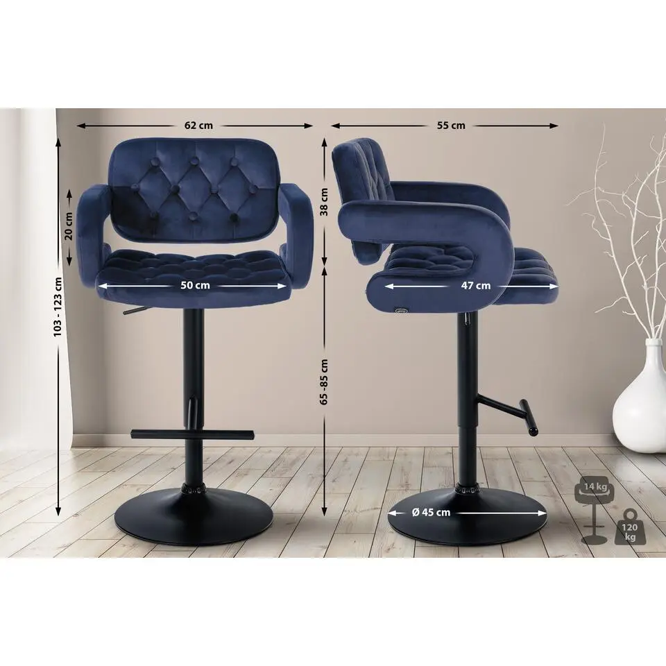 CLP Barkruk Dublin zwart Frame - Fluweel - blauw
