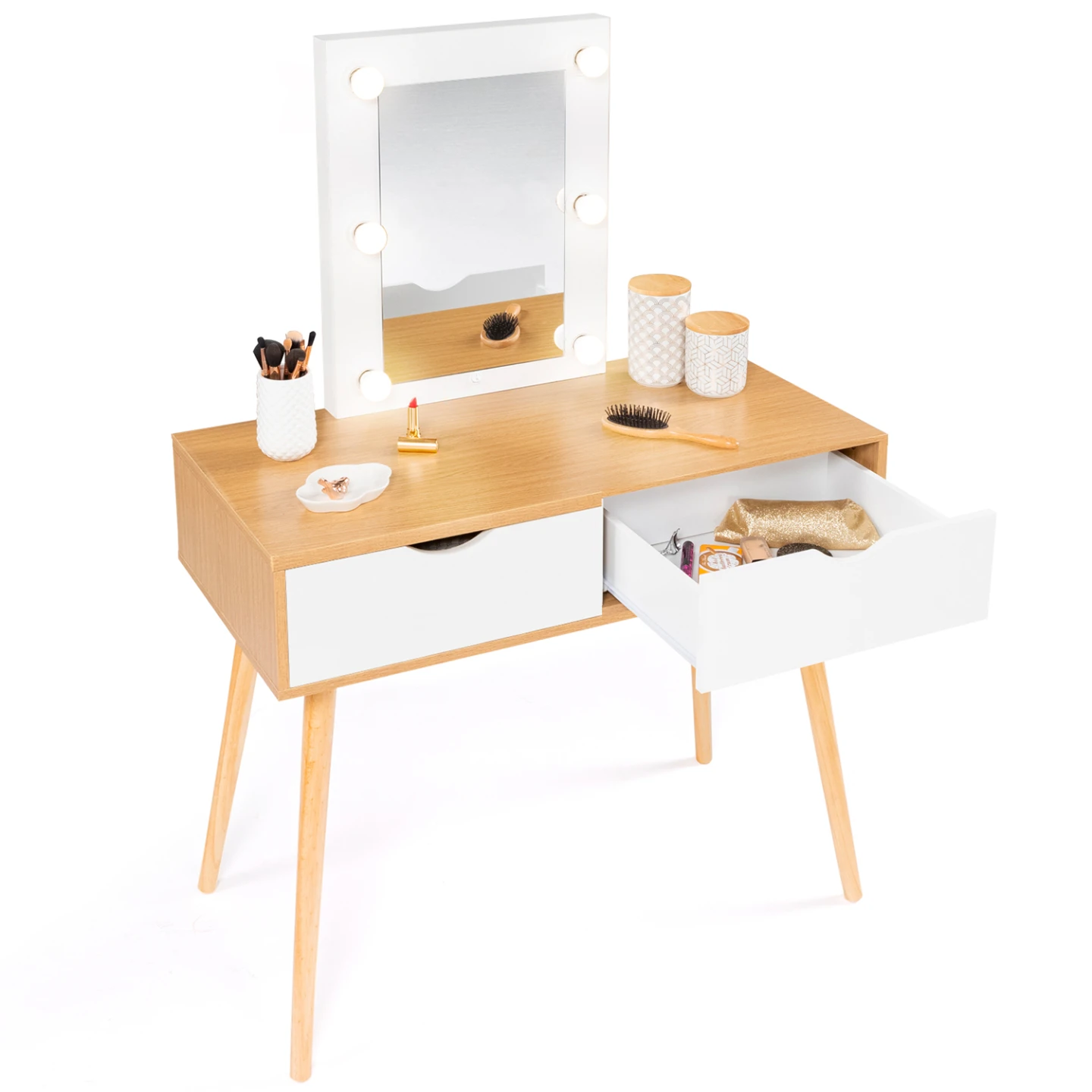 Coiffeuse scandinave 2 tiroirs LIVIA bois et blanc avec miroir LED