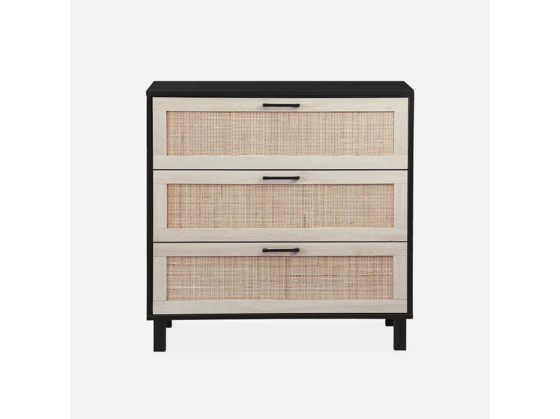 Commode noire et cannage 80 x 40 x 80cm - Bianca - 3 tiroirs