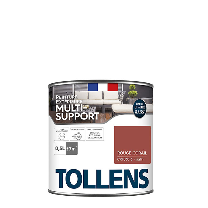 Peinture extérieure multi-supports Tollens satin rouge corail 500ml
