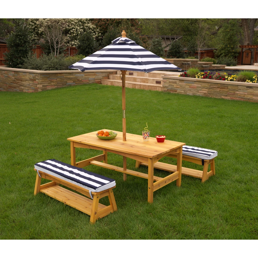 Kidkraft® Kinder Gartengarnitur mit Bänken, Kissen und Sonnenschirm, marineblau