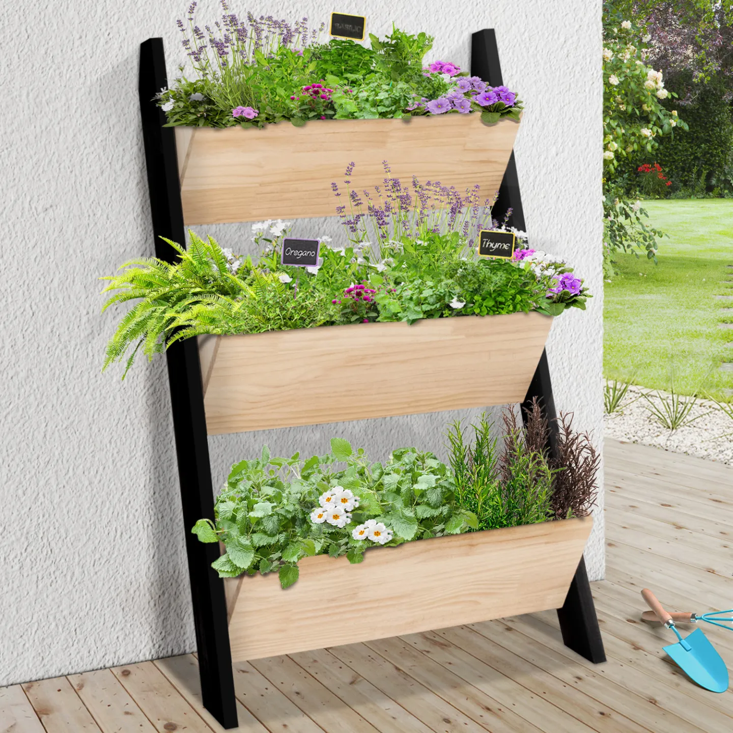 Jardinière échelle FREDDY 110 CM 3 bacs bois et noir potager pour jardin et balcon