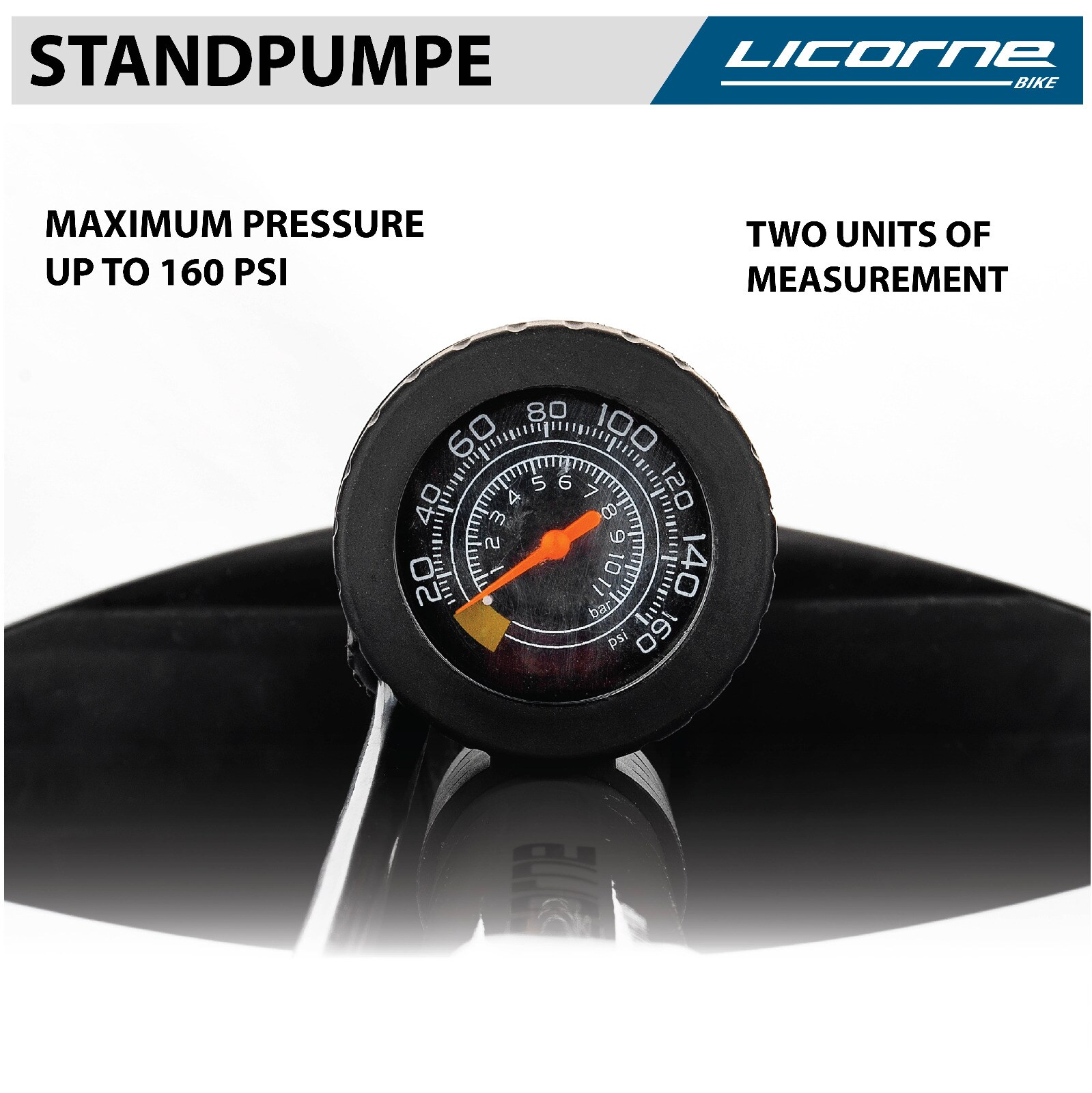 Licorne Bike Standpumpe, Klappbare Standfüße, Fahrradpumpe mit großem Manometer zur Druckanzeige, Dualkopf passend für alle Ventile (Dunlop Ventil, Französisches Ventil, Auto Ventil) (Orange)
