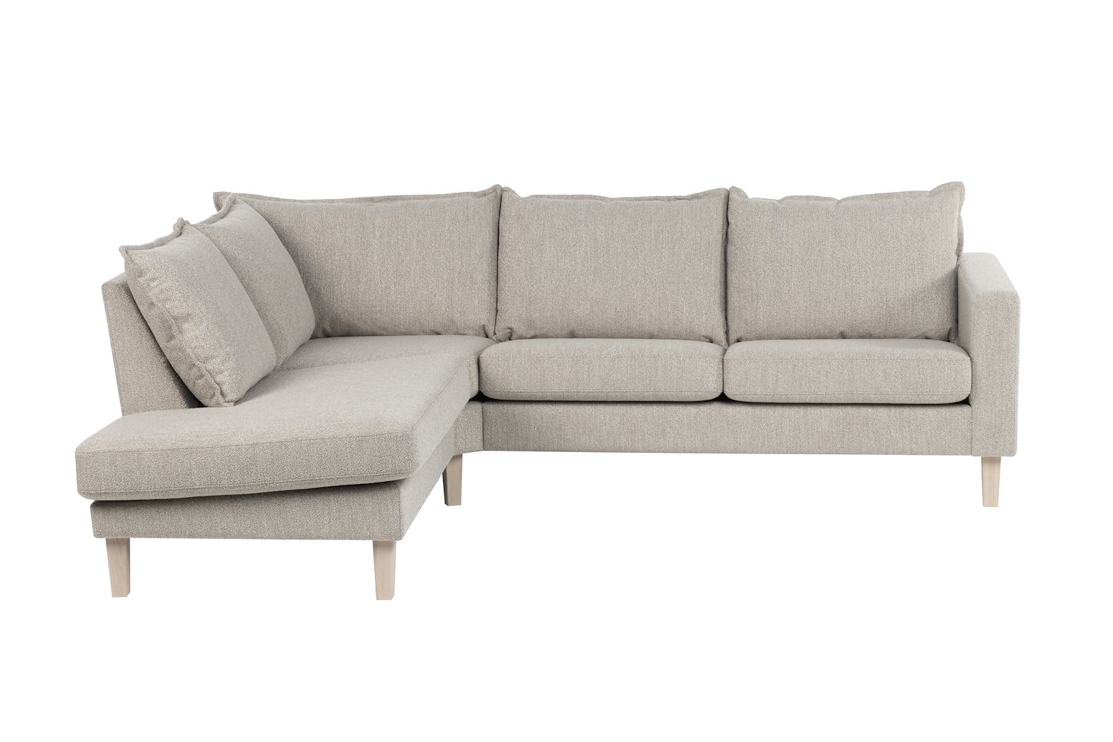 Slogen hjørnesofa Oppsett AV. 2,5-seter med åpen ende venstre. Tekstil Dragon Sand med soft ryggpute. Vange B og hvitpigmentert ben 178.