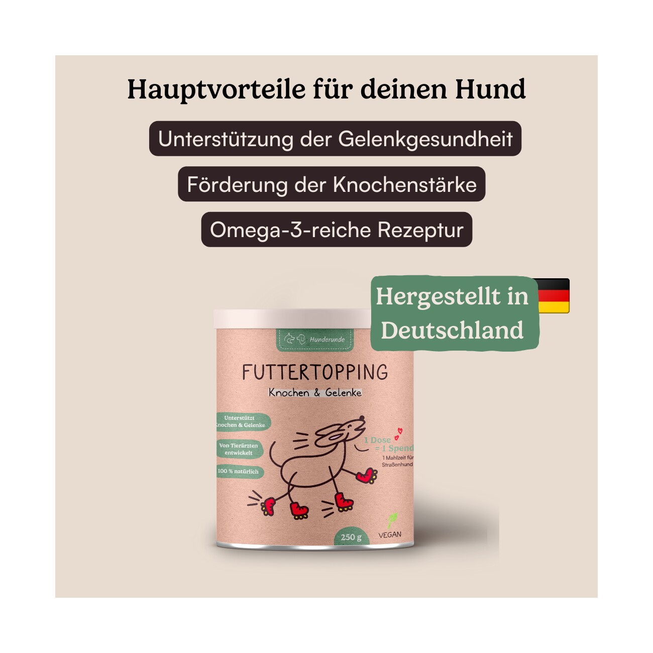 Hunderunde Futtertopping - Knochen & Gelenke - Beweglichkeit, Gelenkgesundheit, starke Knochen, natürliche Zutaten 250 g