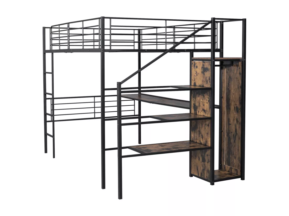 Lit mezzanine 140 x 200 cm avec bureau, armoire et marches de rangement - Métal + MDF - Noir (sans matelas)