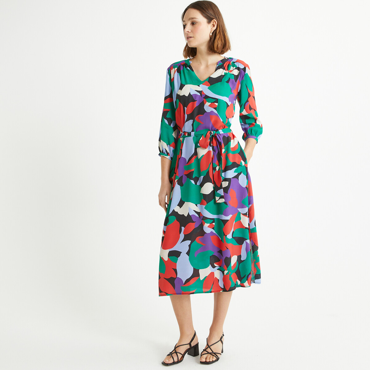ANNE WEYBURN<br>Vestido florido, estampa floral, comprimento midi 3/4