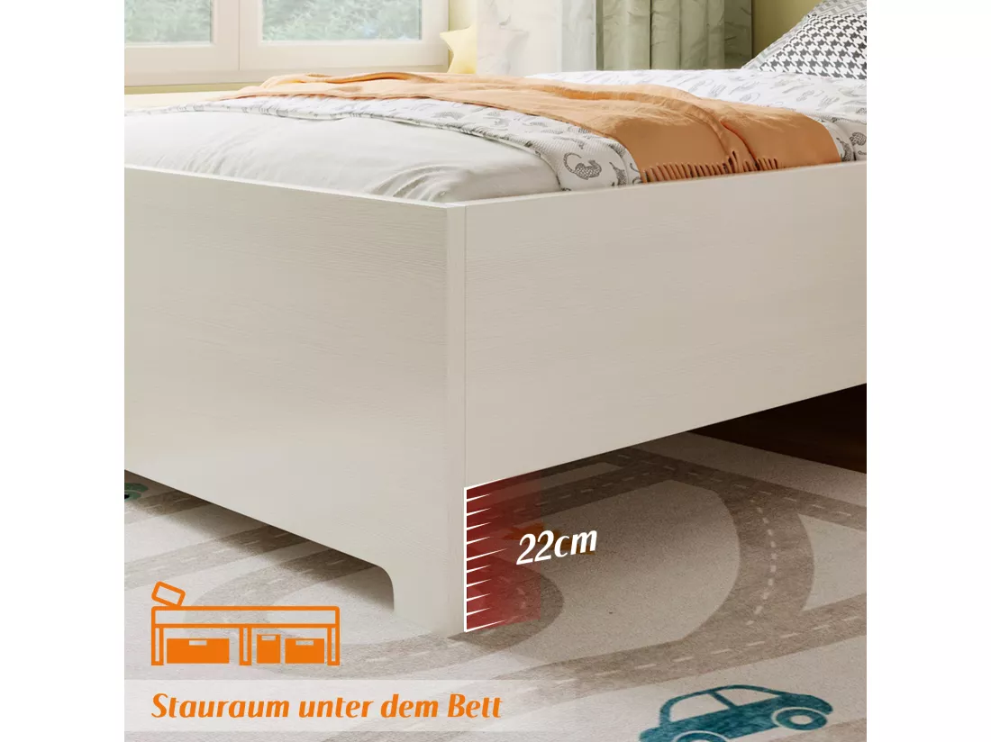 Lit enfant 90 x 200 cm avec étagères de rangement et bureau - Bois massif et MDF - Blanc (sans matelas)