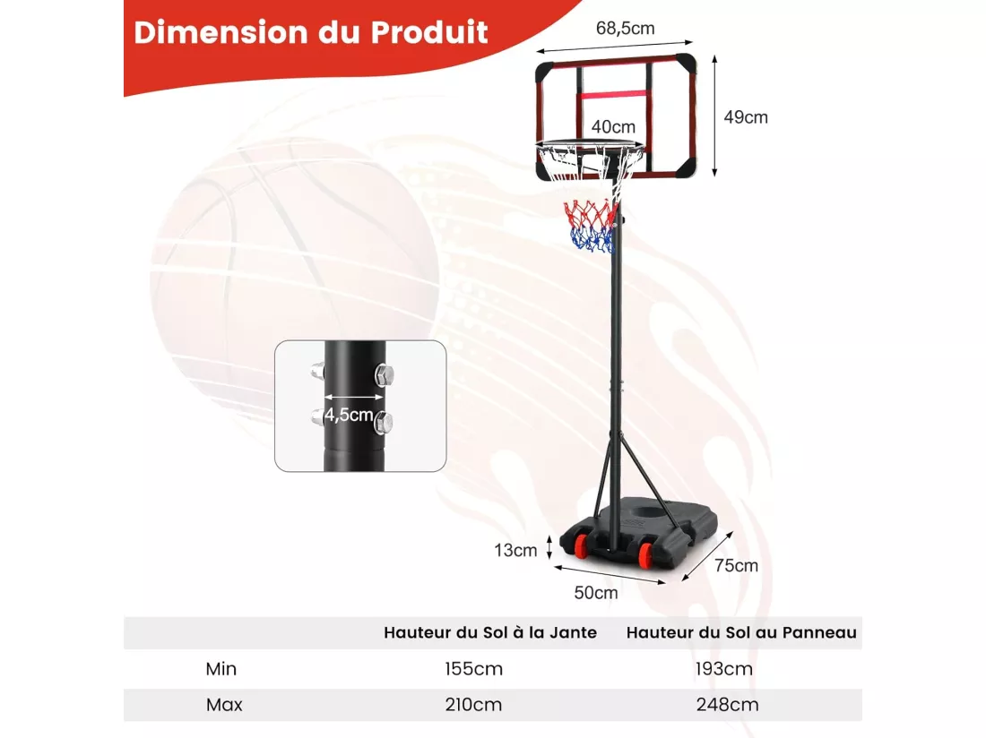 Panier de Basket-Ball sur Pied, Ensemble de Basketball Portable avec Rangement pour Ball et Roues, Exterieur Interieur pour Enfants/Adultes (75 x 50 x 193-248 cm)