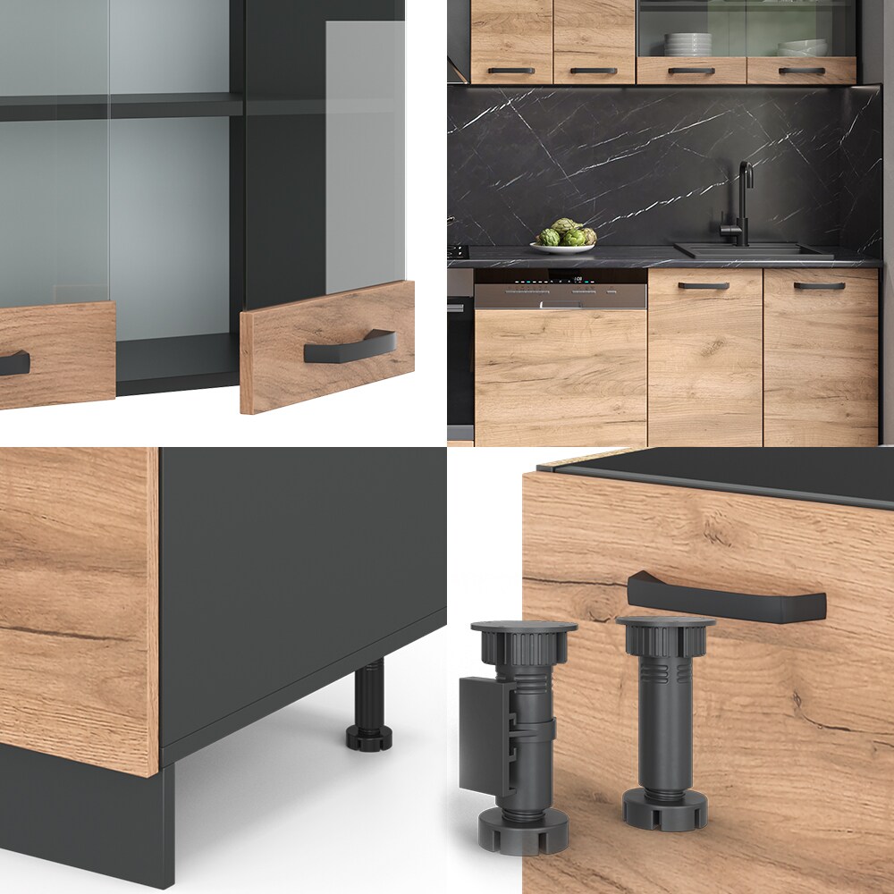 VICCO KÜCHE R-LINE 300 CM KÜCHENZEILE KÜCHENBLOCK EINBAUKÜCHE ANTHRAZIT EICHE