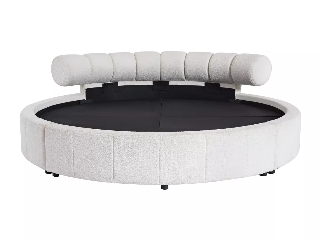 Lit rond 220 x 220 cm - Tissu bouclette - Blanc + Matelas - ROGILA