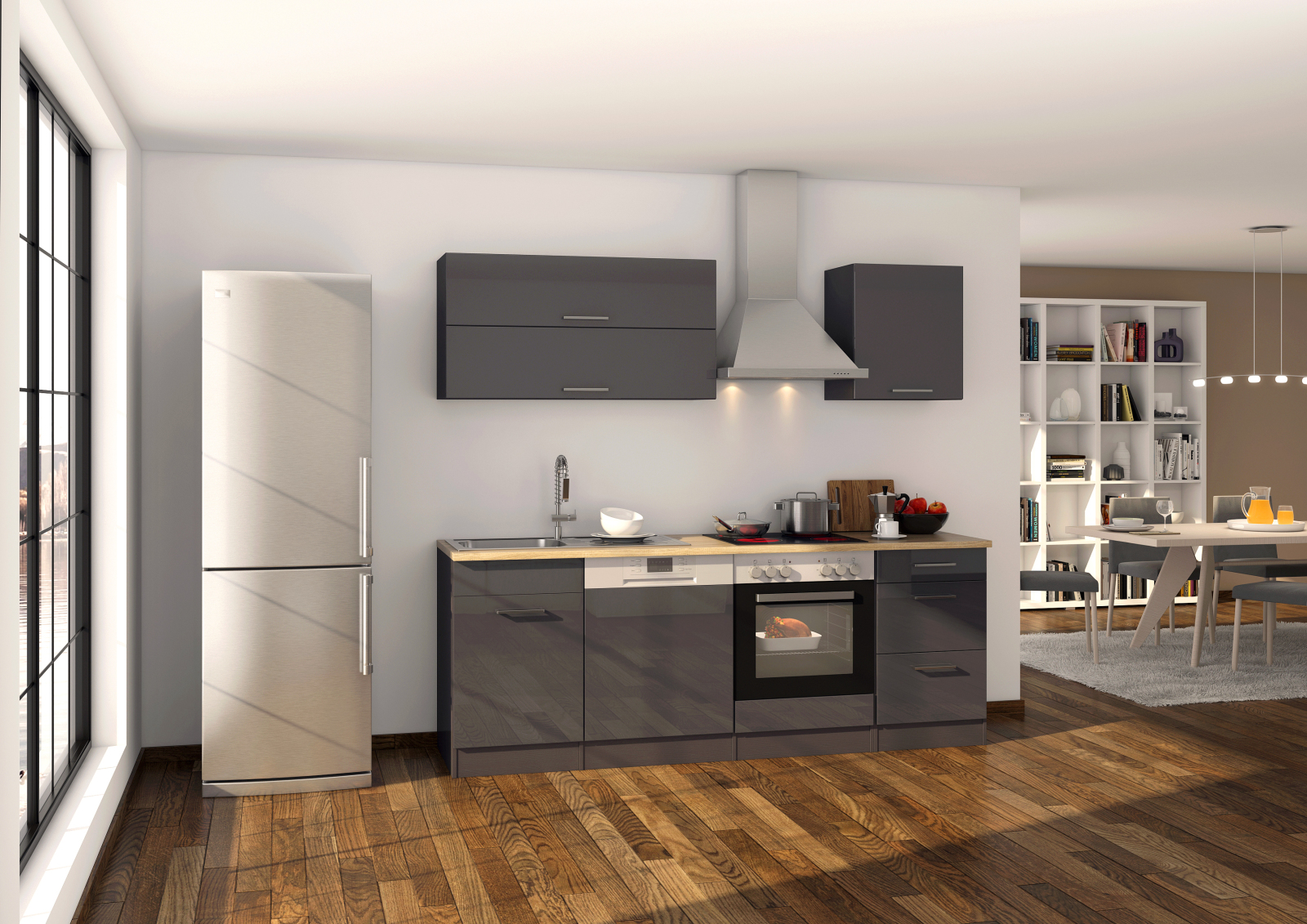 Küchenblock ROM - grau Hochglanz - mit E-Geräten - 220 cm