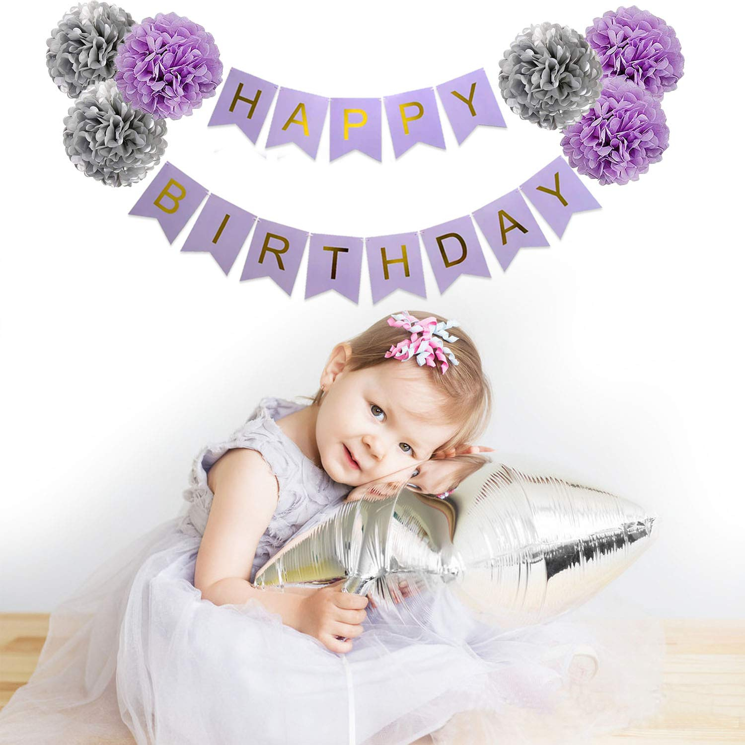 (31-tlg. Set) Happy Birthday Girlande Geburtstags Party Deko   Latex- und Folienballons / Pompon's - Lila