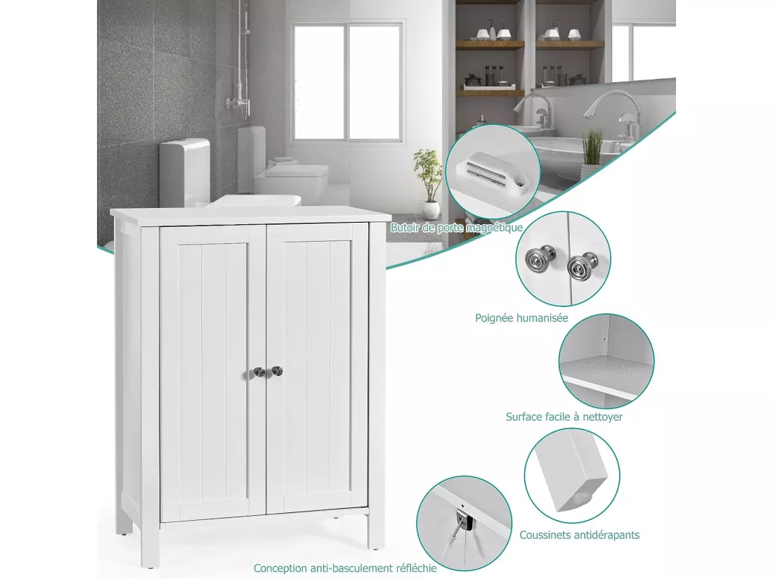 Meuble de salle de bain, armoire de rangement sur pieds avec étagères réglables, 60 x 30 x 80,5 cm