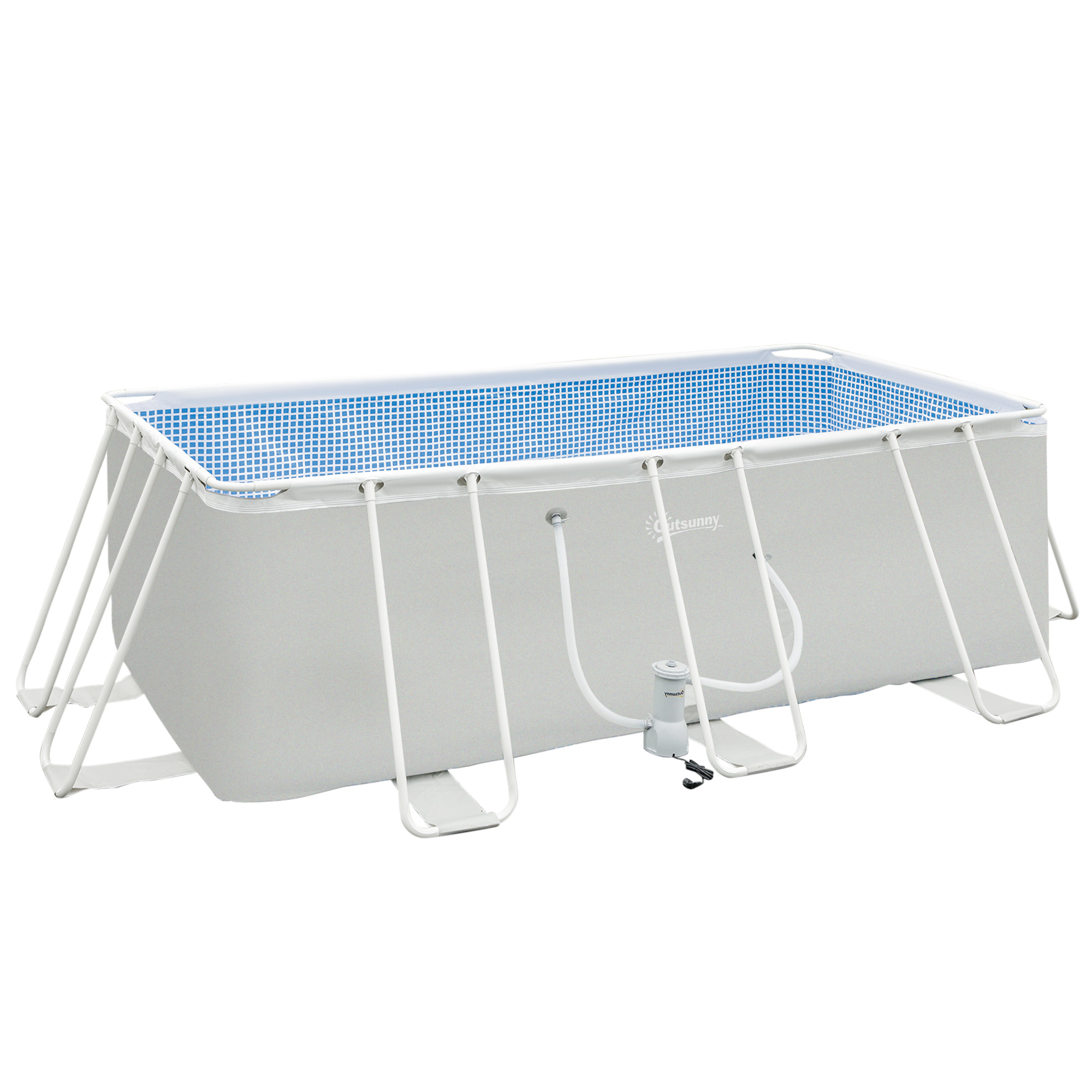 Piscina retangular removível Outsunny de 440x240x122 cm para uso externo, com bomba de filtro de cartucho de 4.000 L/h e estrutura de aço de 9.760 L, cinza.