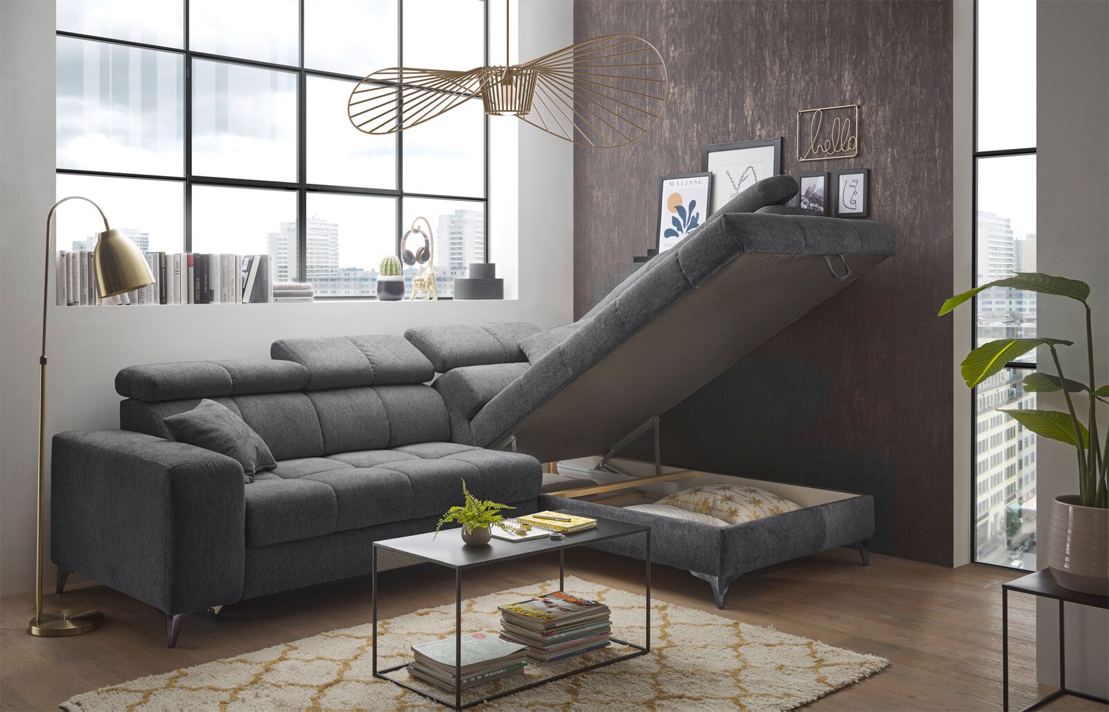 Ecksofa Sydney 282x86-105x198 grau Garnitur inkl. Kissen