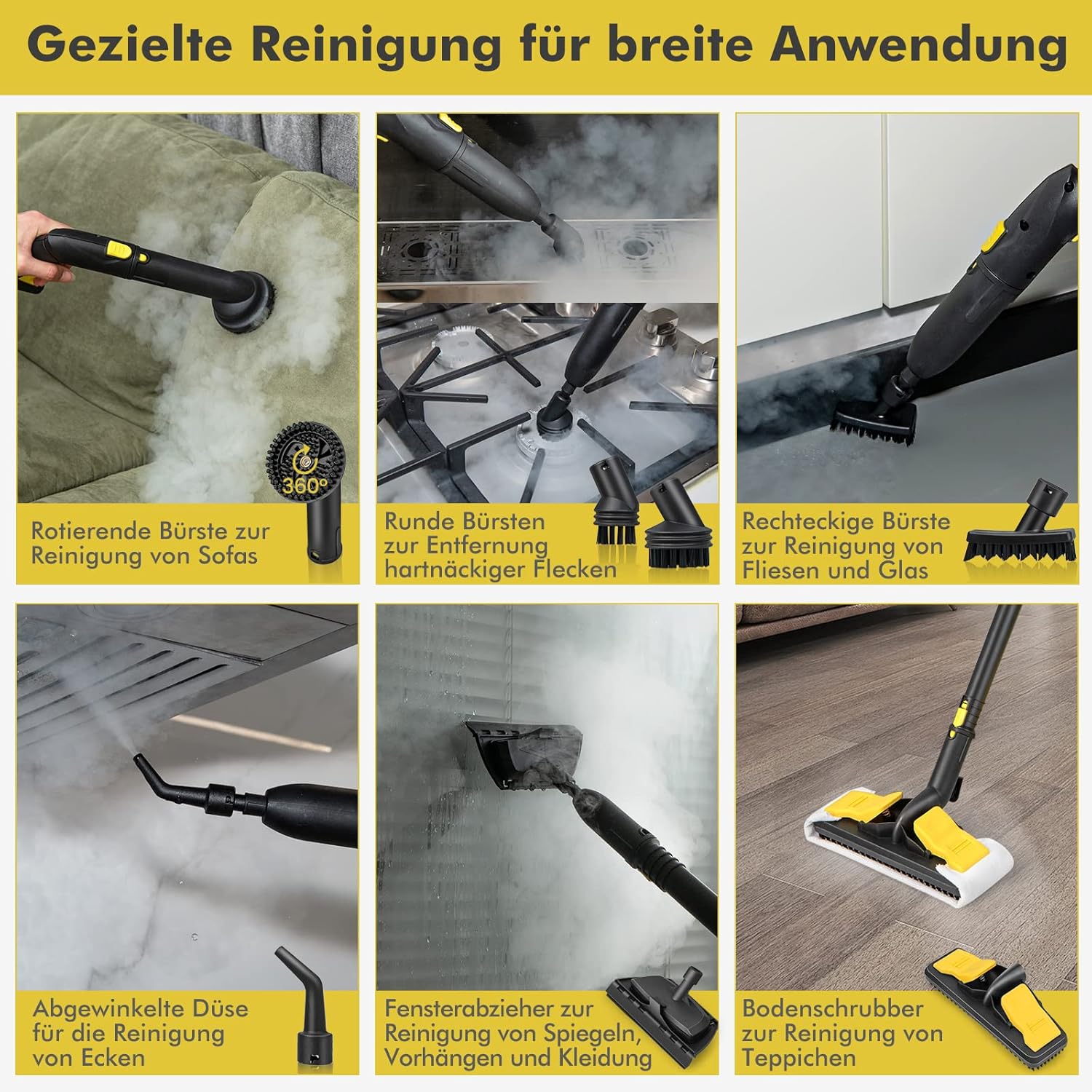 COSTWAY Dampfreiniger 2000W, Dampfdruck: max. 5 bar, Temperatur bis zu 160℃, Flächenleistung: 108 m², 1,8L Tank, Aufheizzeit: 8 Min., Dampfgeräte inkl. 13 Zubehör & 5m lange Netzkabel (Gelb)
