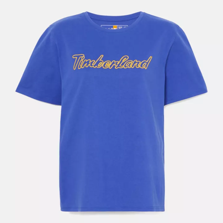 Camiseta feminina azul com logo texturizado