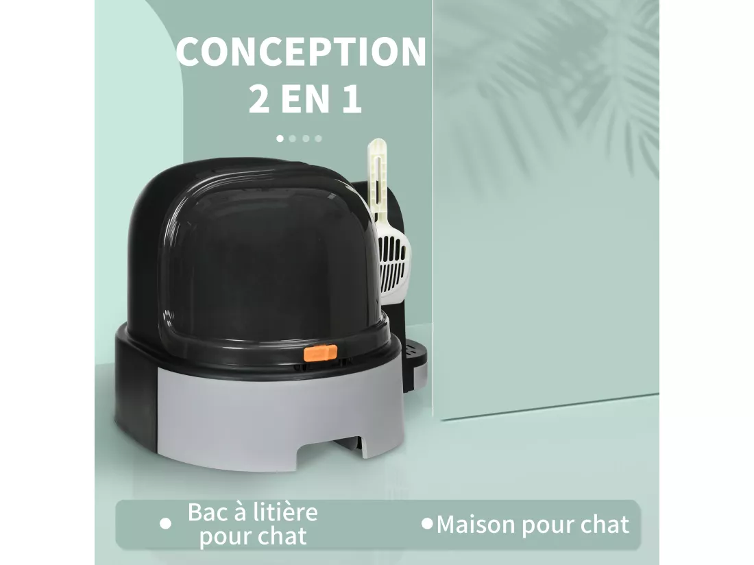 Maison de toilette litière pour chat design capsule spatiale - porte, capot ouvrant, pelle, 2 tiroirs amovibles - gris noir