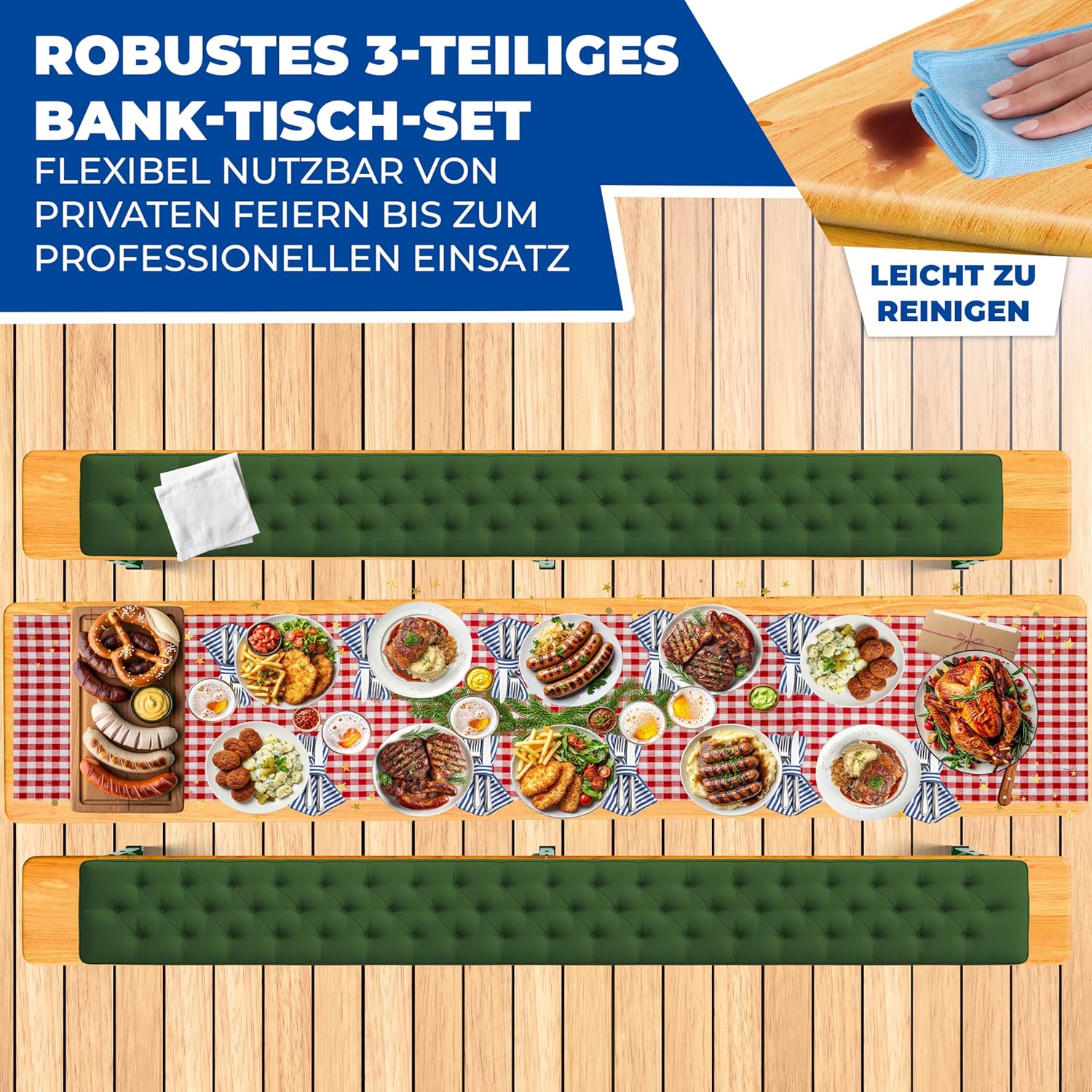 KESSER® Bierzeltgarnitur 3 teilig Gartenmöbel-Set | Klappbar 220 x 50 x 77cm | 2X Bierbänke 1x Biertisch | Festzeltgarnitur Biertisch Stehtisch Sitzgarnitur Holz 16-teiliges Bodenschoner-Set