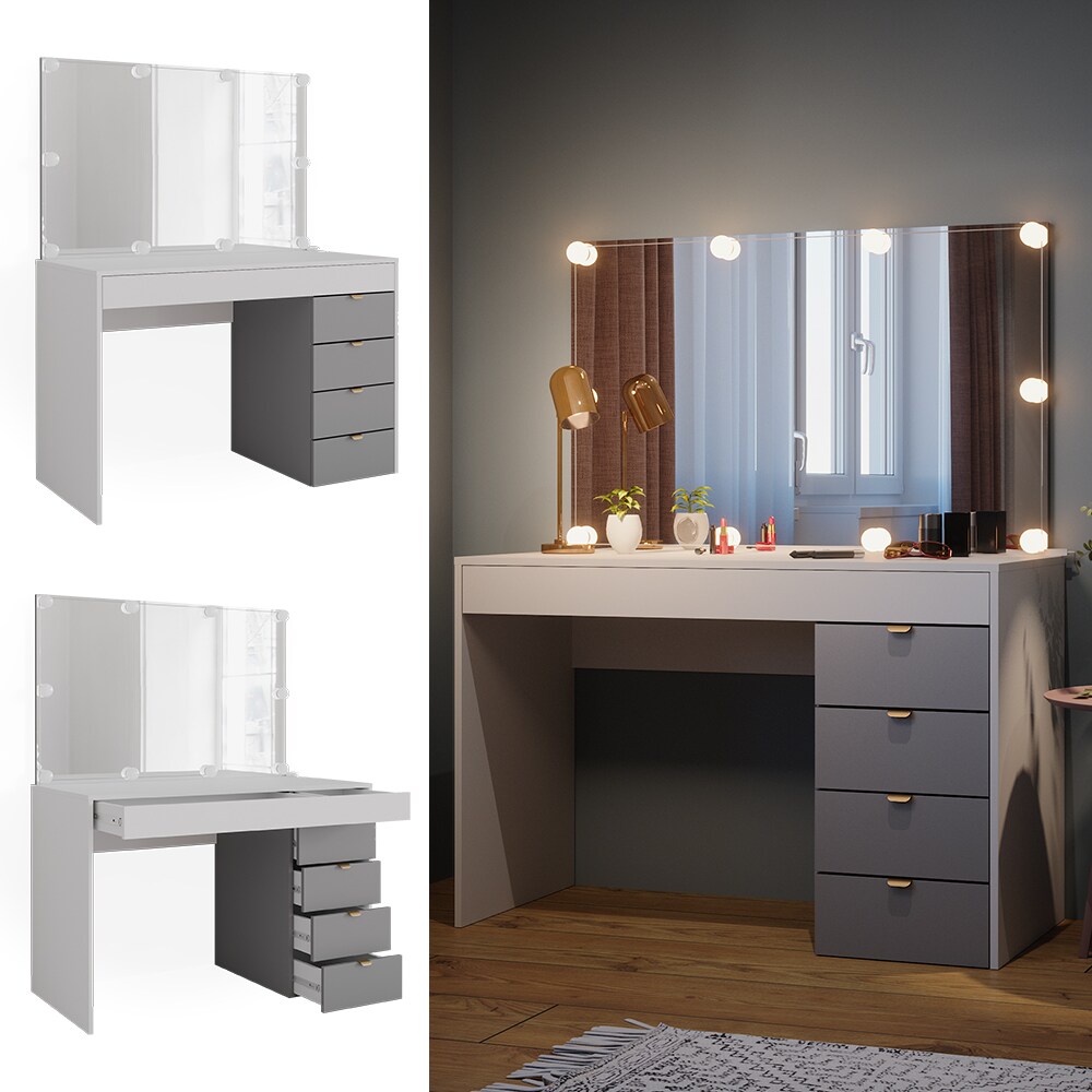 Vicco Schminktisch Elise Weiß Grau 115 x 76 cm modern Frisiertisch Schubladen Spiegel LED-Beleuchtung