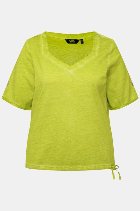 T-Shirt, Metallic-Stern, Saumband, Herzausschnitt, Halbarm
