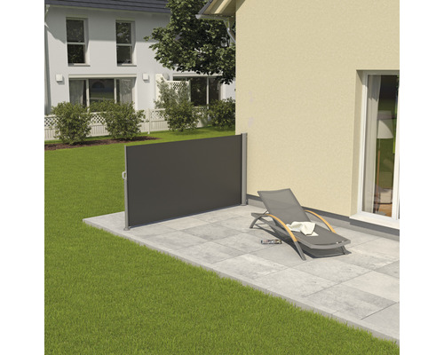 Uitschuifbare zijluifel 1,6x3, doek effen antraciet, frame RAL 9006 wit aluminium met afneembare paal