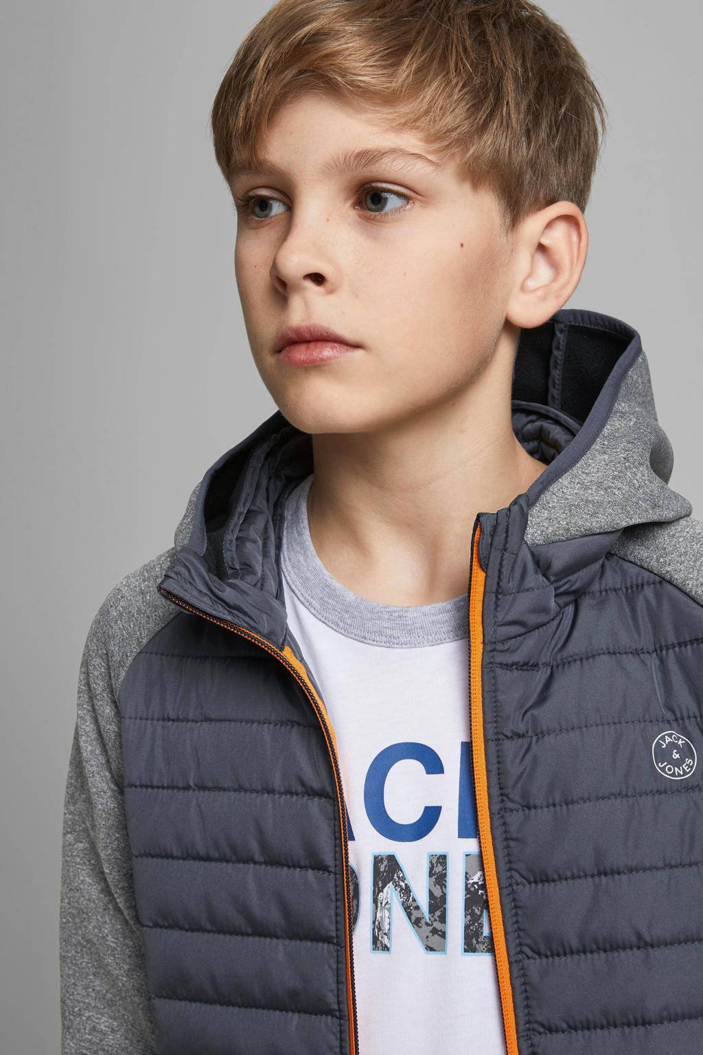 JACK & JONES gewatteerde tussenjas JJEMULTI grijs melange/donkerblauw/oranje