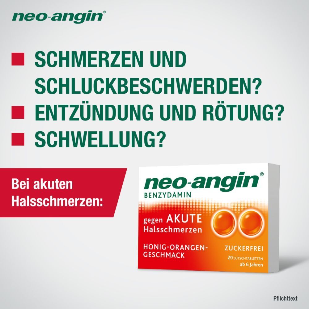 neo-angin Benzydamin gegen akute Halsschmerzen - Honig-Orangengeschmack - zuckerfrei