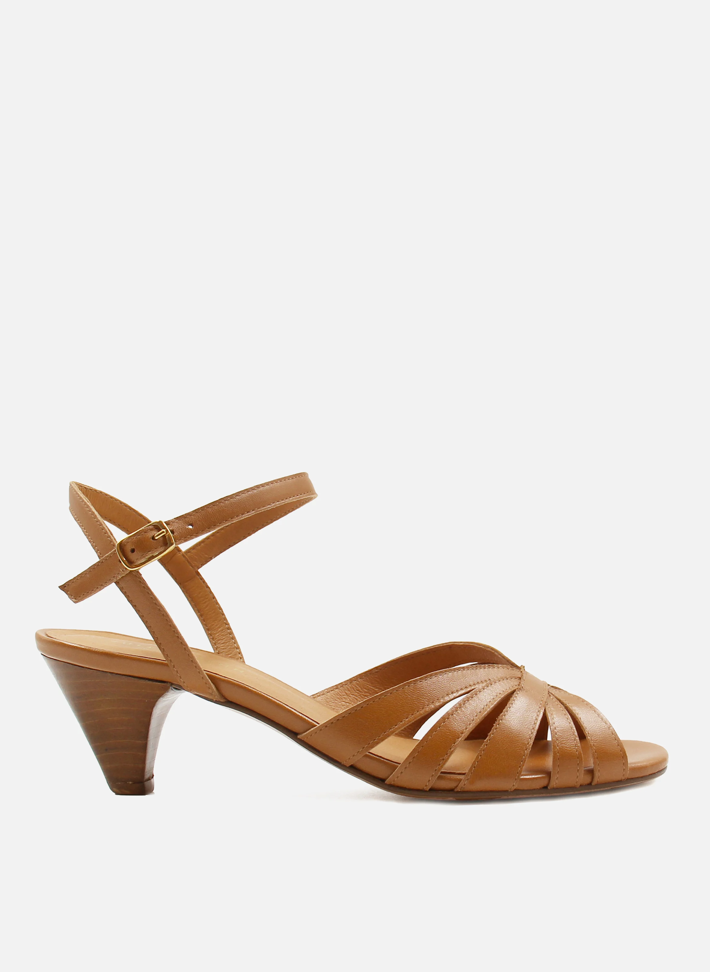 Sandales moyen talon brides cuir lisse | Marron